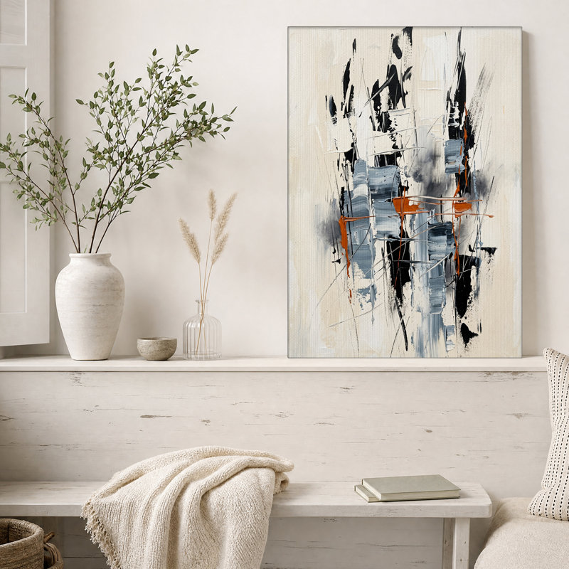 Tableau abstrait à coups de pinceau verticaux noirs, gris et rouille sur toile, H 30 po x l 20 po