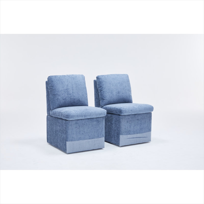 Ensemble de 2 chaises de salle à manger rembourrées en lin bleu avec roulettes et rangement