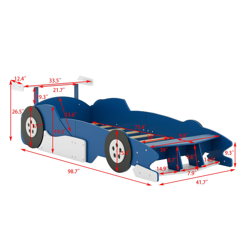Race Car-Shaped Platform Bed With Wheels, Blue