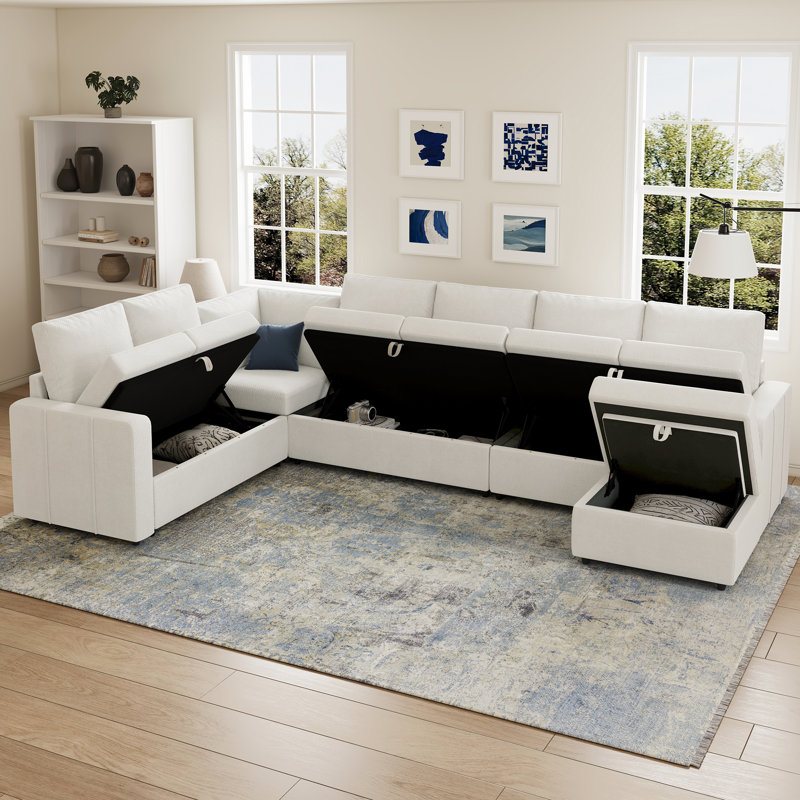 Seybert Luxurious U-Shaped Sofa Velvet Chenille Sectional Sofa For Living Room, Beige Chenille