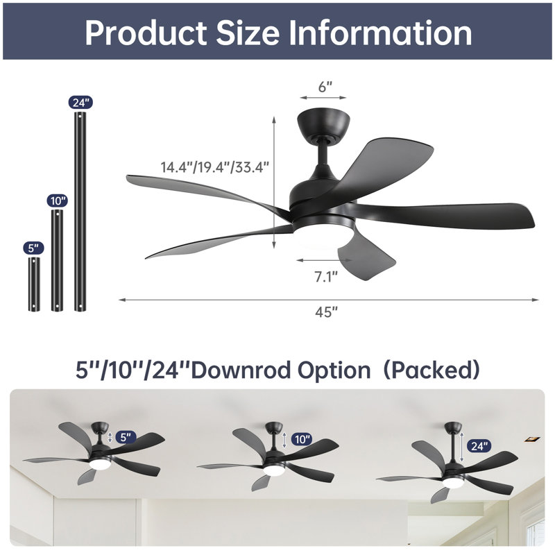 Ventilateur de plafond intelligent noir mat 45 pouces avec moteur à courant continu Alexa