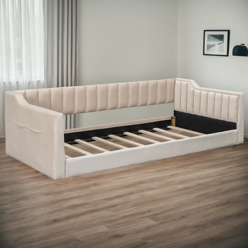 Compact Daybed Sofa With Storage |Upholstered Velvet Design For Living Rooms & Guest Rooms, Beige, Extra-long Twin