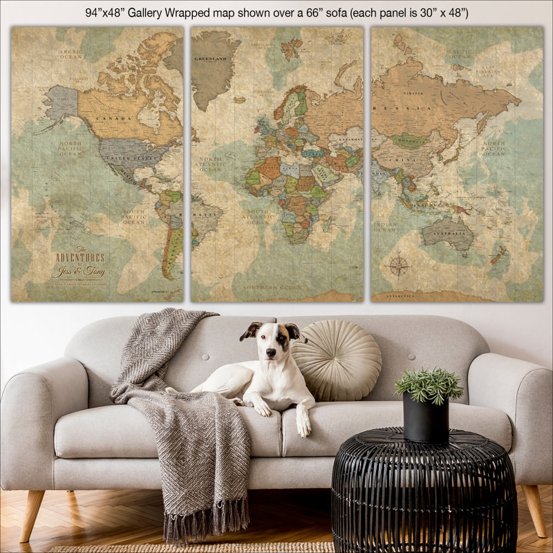 Personalized Push Pin World Travel Map on Canvas - 3 Panel, 30" H x 48" W, Yes