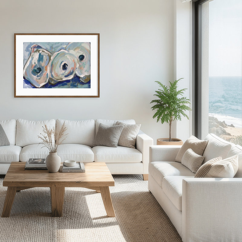 Coastal Retreat Pearlescent Elegance: Oyster Abstract, 30" H x 40" W x 1.125" D, Framed Matted Print, Brown