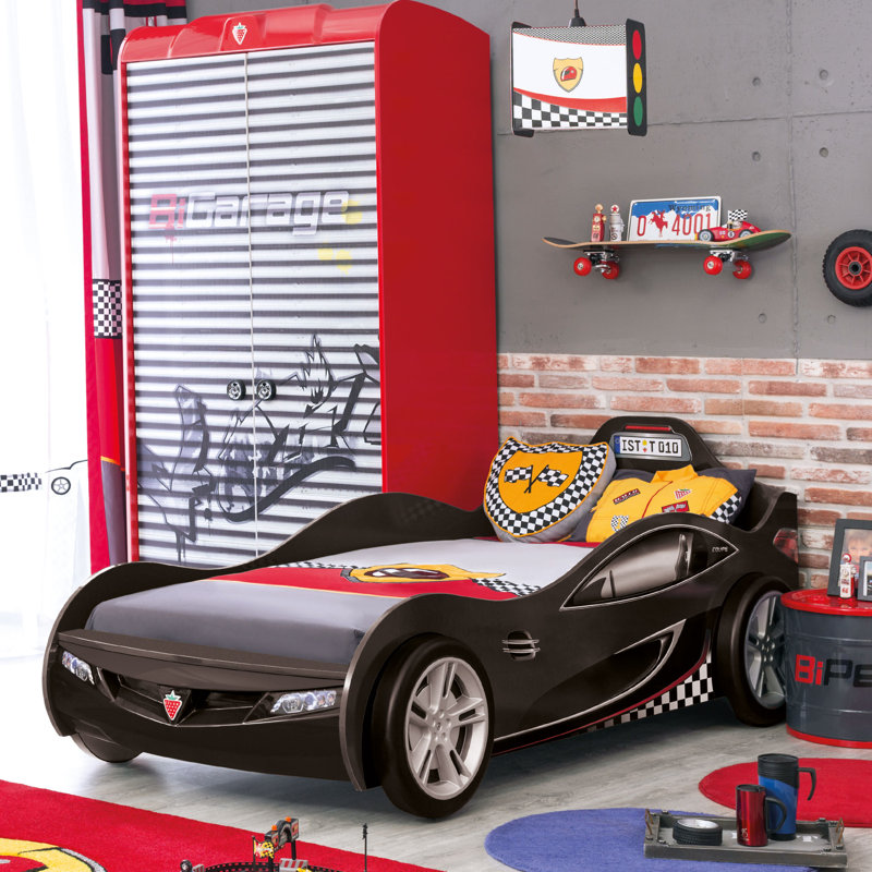 Kurtz Twin-Size Race Car Bed, 3D Bumper & Five-Spoke Wheels, License Plate by Zoomie Kids, Black
