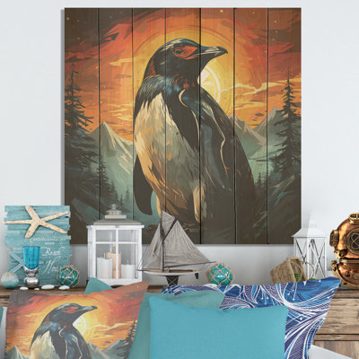 Sunset Penguin Icebound Charm III - Penguin On Wood Print