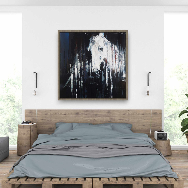 Abstrait cheval sur fond noir - Toile avec cadre bleu cheval