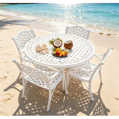 Patio Dining Set 5 Piece, Outdoor Dining Set, Outdoor Table with 4 Chairs,Patio Table Set with 2.36" Umbrella Hole for Garden, Backyard, White