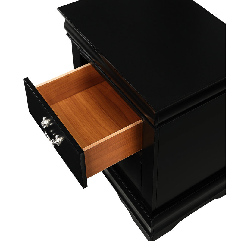 Table de chevet en bois massif noir avec finition soignée et finition à deux tiroirs, Noir