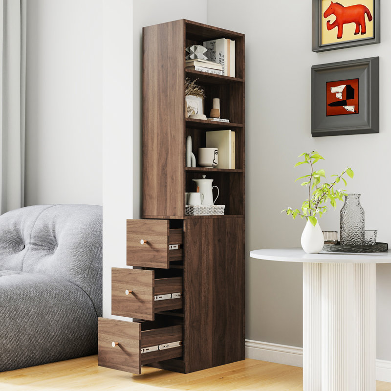 Armoire moderne 72,37 po à 4 tablettes et 3 tiroirs latéraux pour rangement, couleur noyer, Brown