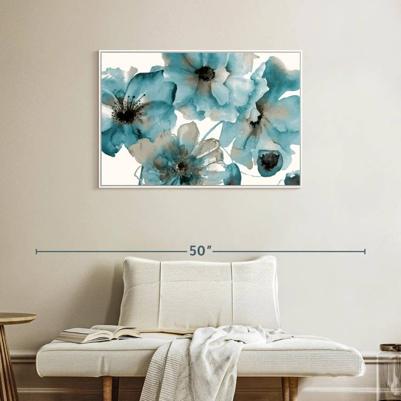 Teintes bleu sarcelle, 37 po x 25 po, Cadre flottant blanc