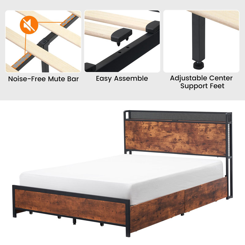 Queen Size Rustic Brown Metal Frame Bed with Storage Drawers and LED Headboard