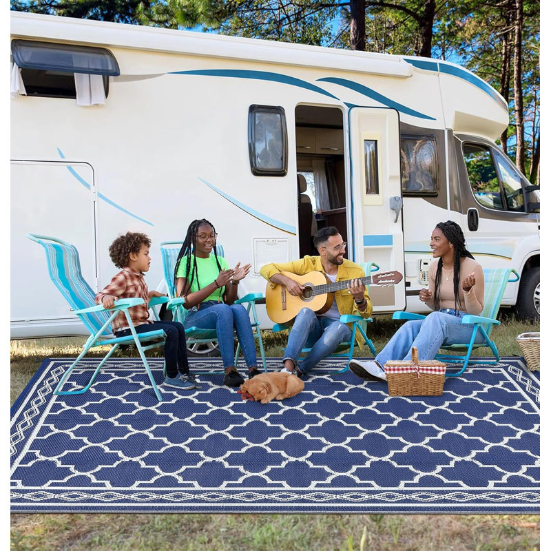 Waterproof Outdoor Plastic Straw Rug – Modern Geometric Patio, Camping & RV Mat with Portable Bag and 4 Stakes