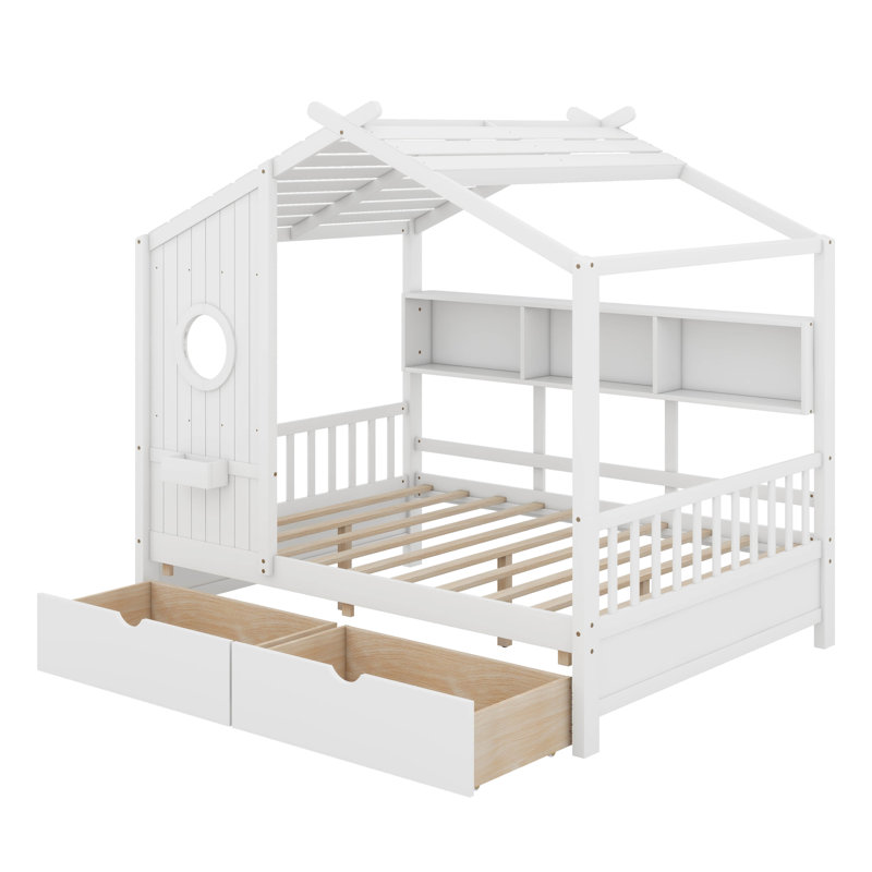 Lit en bois avec tiroirs, Blanc, Lit double