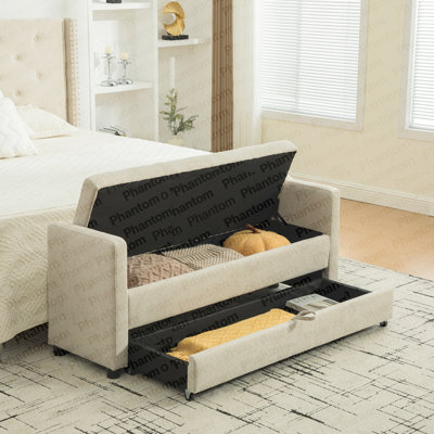 Banc de rangement rembourré de 58,27 po de largeur avec double espace de rangement, tabouret de pieds en tissu avec accoudoirs roulés pour salon, vestibule, dortoir, chambre à coucher