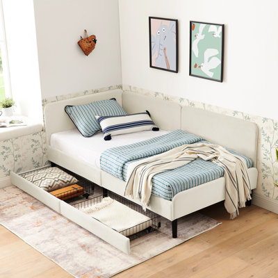 Lit simple en velours avec 2 tiroirs de rangement et revêtement beige, réglable pour une configuration de chambre à coucher, look moderne, confortable, tiroirs à plateforme revêtus d'eucalyptus, convertible en, minimaliste