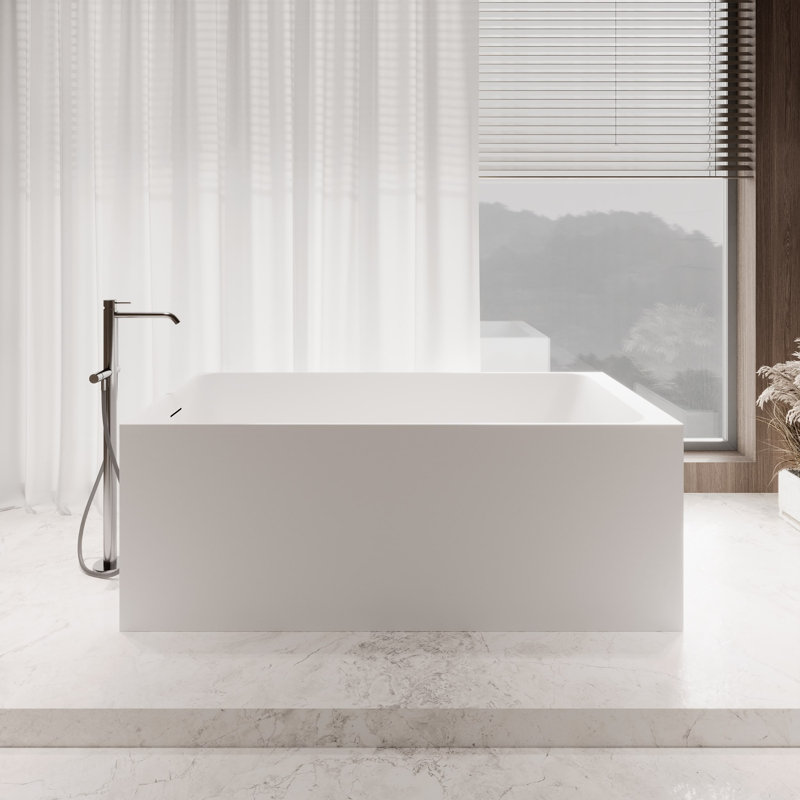 59" Streamline Soaking Matte White Stone Resin Freestanding Tub And Tray With Internal Drain In Polished Chrome