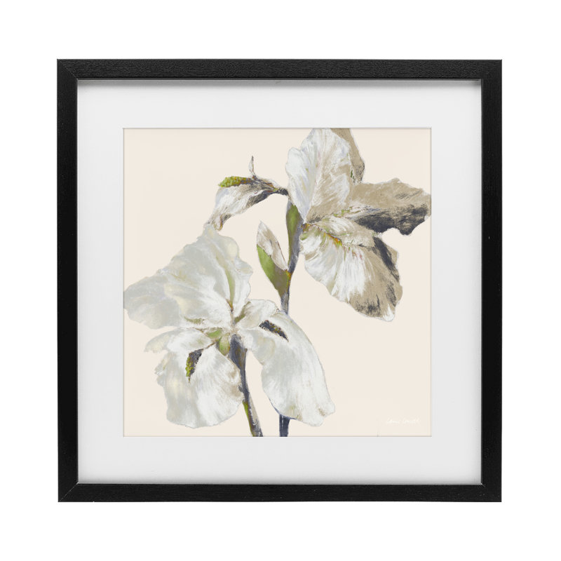 «Irises Soft Beige», reproduction sous verre encadrée, design par Lanie Loreth, H 16 po x l 16 po, Cadre noir minuit