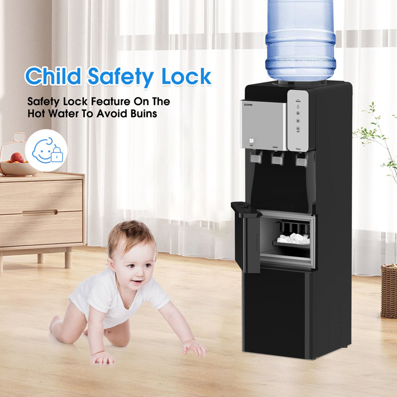SOOPYK Hot and Cold Water Cooler Dispenser with Ice Maker 5 Gallon Bottle Top Load 27 lbs Per Day, Black