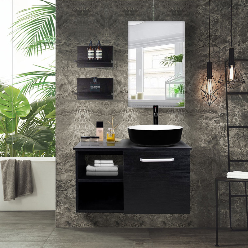 28" Wall-Mounted Single Bathroom Vanity Set with Mirror, Black/White