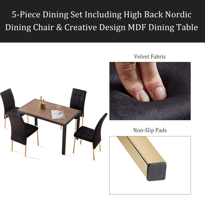 Ensemble de salle à manger 5 pièces comprenant une chaise de salle à manger nordique à haut dossier et une table de salle à manger en panneau de fibres à densité moyenne Creative Design