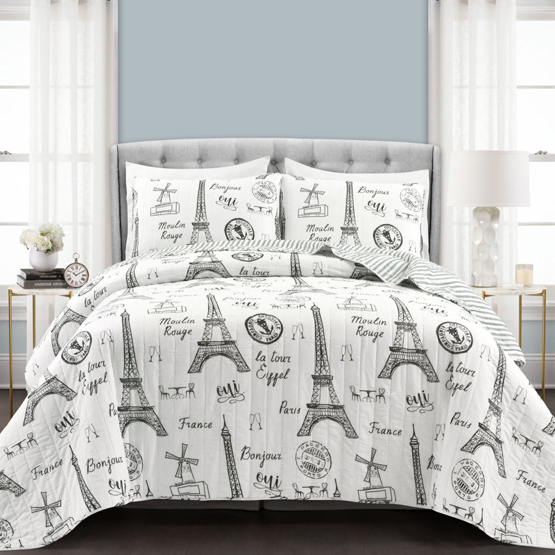 Paris France Black Standard Cotton 320 TC Reversible 3 Piece Quilt Set (Set of 3)