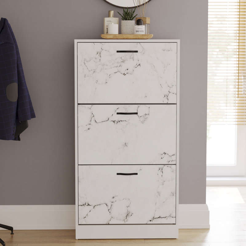 Drawer Flip Down Shoe Storage Free Standing Cabinet For Hallway, 118" H x 60" W x 24" D, White Marble