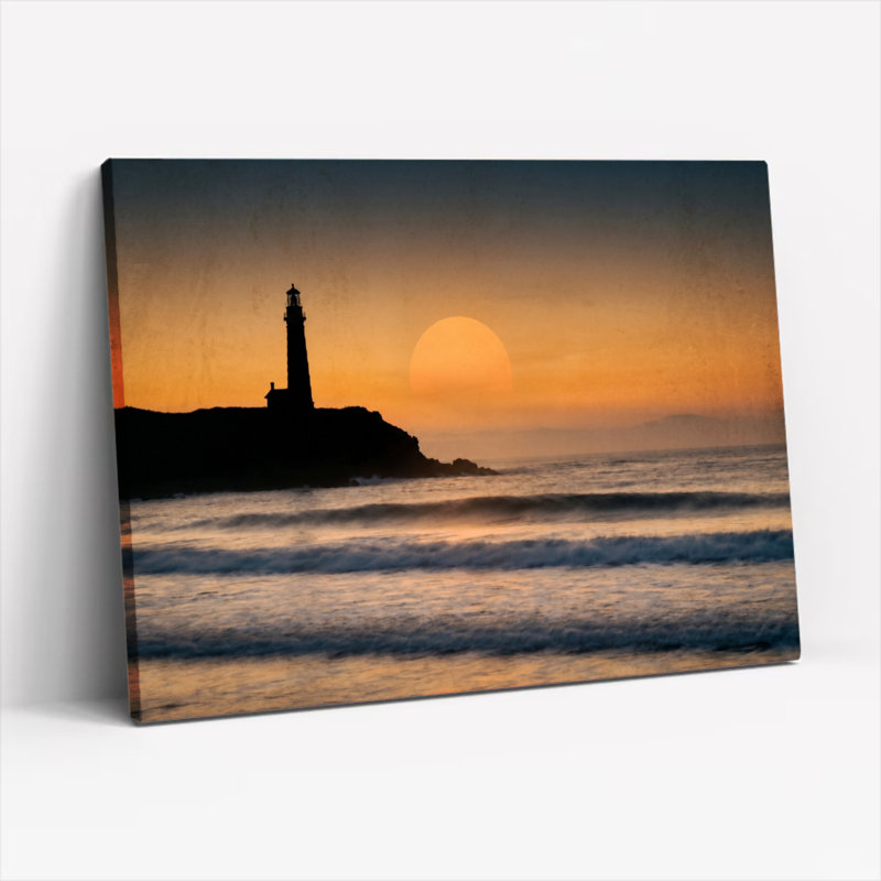 Ensemble de 1 tableau sur toile représentant un phare au coucher du soleil, H 20 po x l 30 po, Toile tendue
