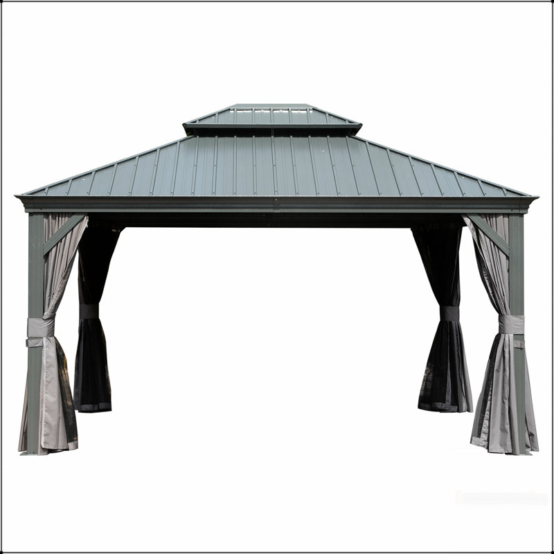 Pavillon de jardin à toit rigide 10 pi x 14 pi avec double toit en acier galvanisé, structure en aluminium, rideaux et filet pour patio et jardin