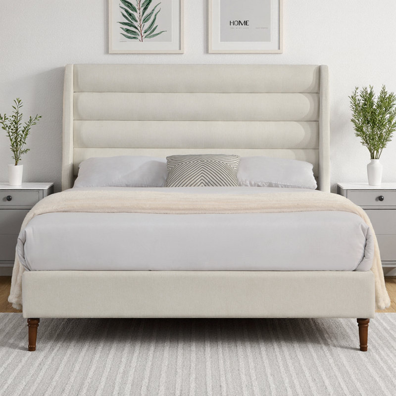 Queen Size Bed Frame High Headboard Upholstered Platform Bed With Wave - Shaped Headboard, Premium Chenille Fabric, Modern Minimalist Platform Bed No Box Spring Needed, Easy Assembly, Ivory