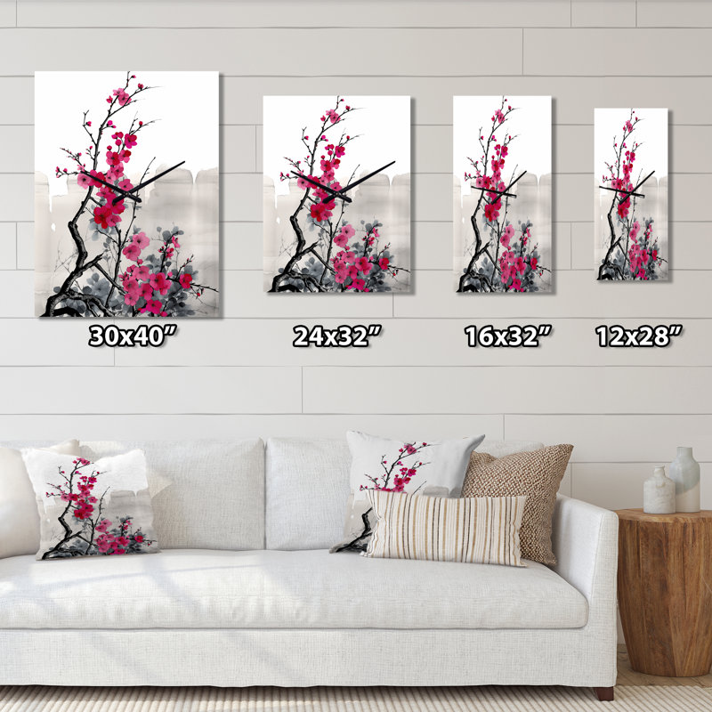 Art asiatique Sumi Blossom II - Horloge murale asiatique surdimensionnée, H 40 po x l 30 po x P 1 po