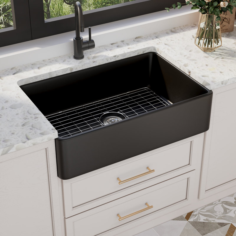 Feast 33" L x 20" W Single Bowl Farmhouse Kitchen Sink with Sink Grid and Basket Strainer, Black
