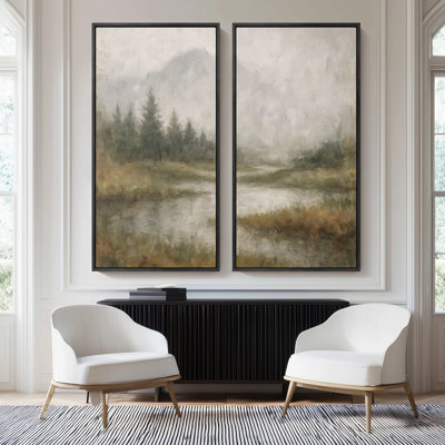 Misty Pine Forest Water Reflection - Set of 2 Framed Wall Art Print on Canvas 60" 2pcs