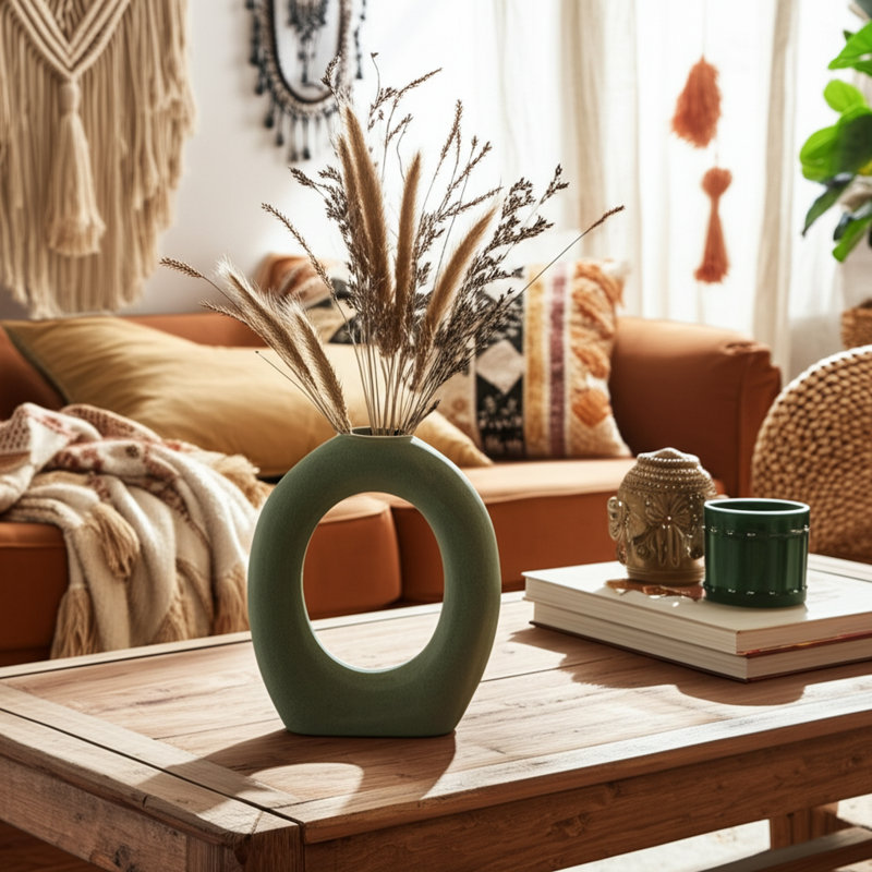 Stoneware Ceramic Vase with Sculptural Circular Design and Textured Detail, Modern Contemporary Sleek Decorative Accent