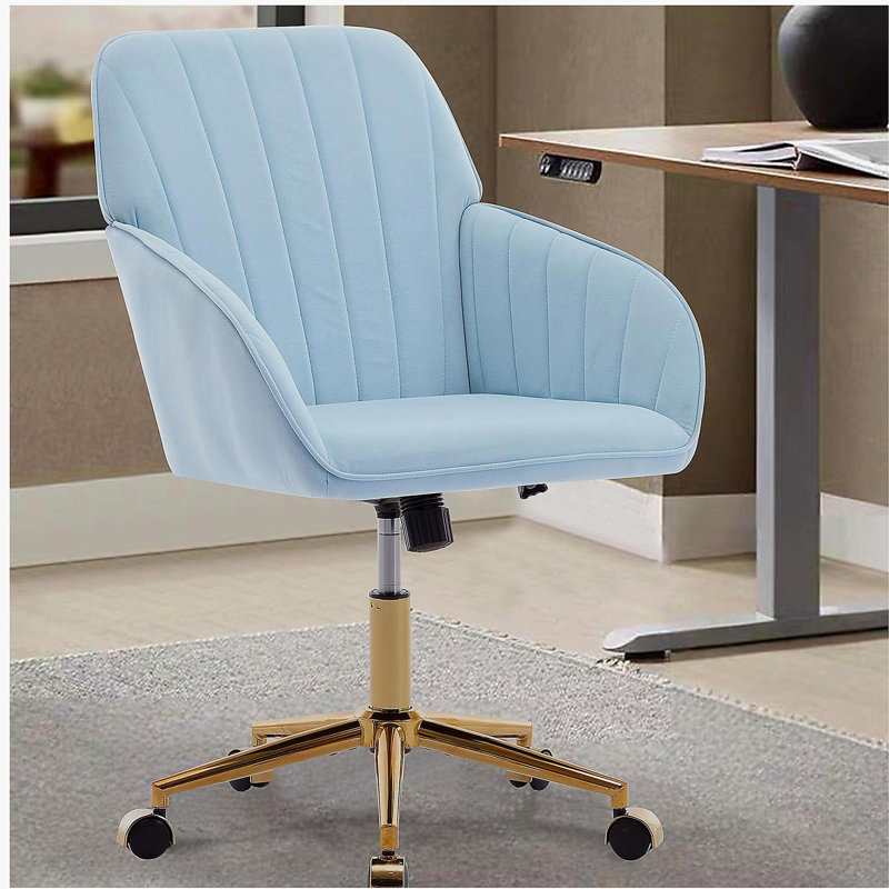 Chaise de bureau réglable, fauteuil, chaise pivotante avec base en métal, Bleu pastel, Doré