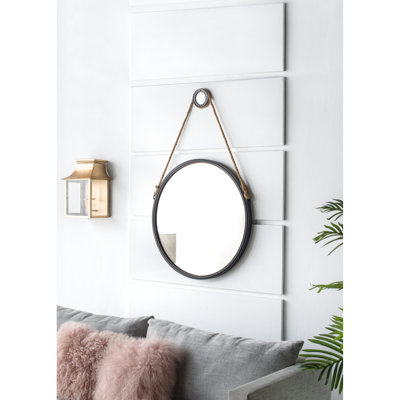 Miroir rond de 29,5 po avec cadre noir et corde uniforme
