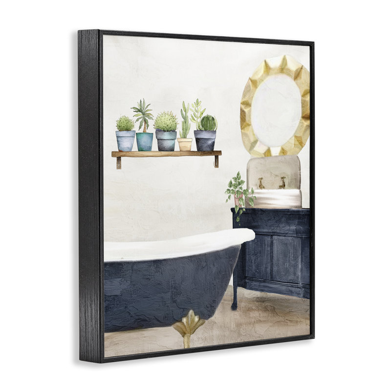 Scène de salle de bain bleue avec giclée, design par Kim Allen, H 14 po x l 11 po, Giclée encadrée noir minuit