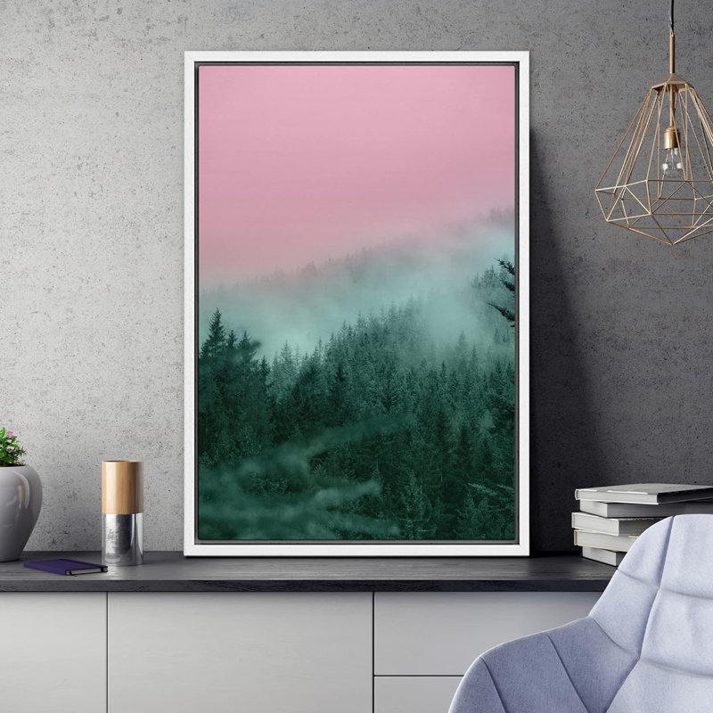«Duotone Pink Green Mountain» sur toile, Cadre flottant blanc, H 24 po x l 16 po