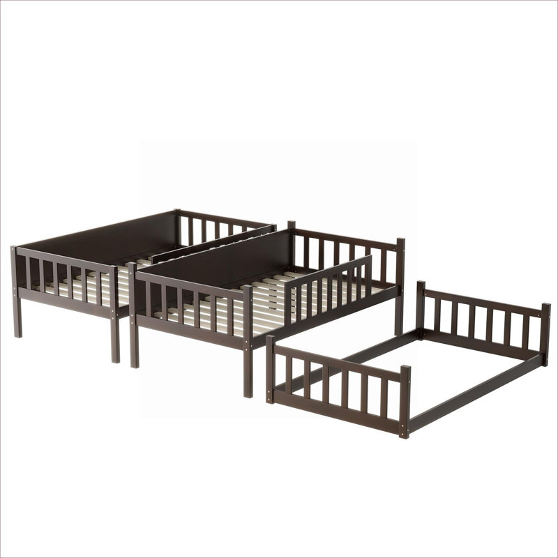 Cadre de lit superposé détachable riche en bois d'hévéa brun riche, simple sur simple sur simple, avec échelles et garde-corps, idéal pour les chambres partagées, design contemporain