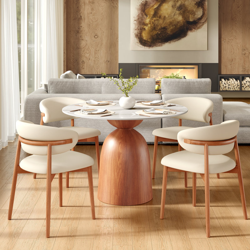 Vicente Dining Set, Mid-Century Modern Table & Upholstered Chair Set For Home, Kitchen, Dining Room, 5, White