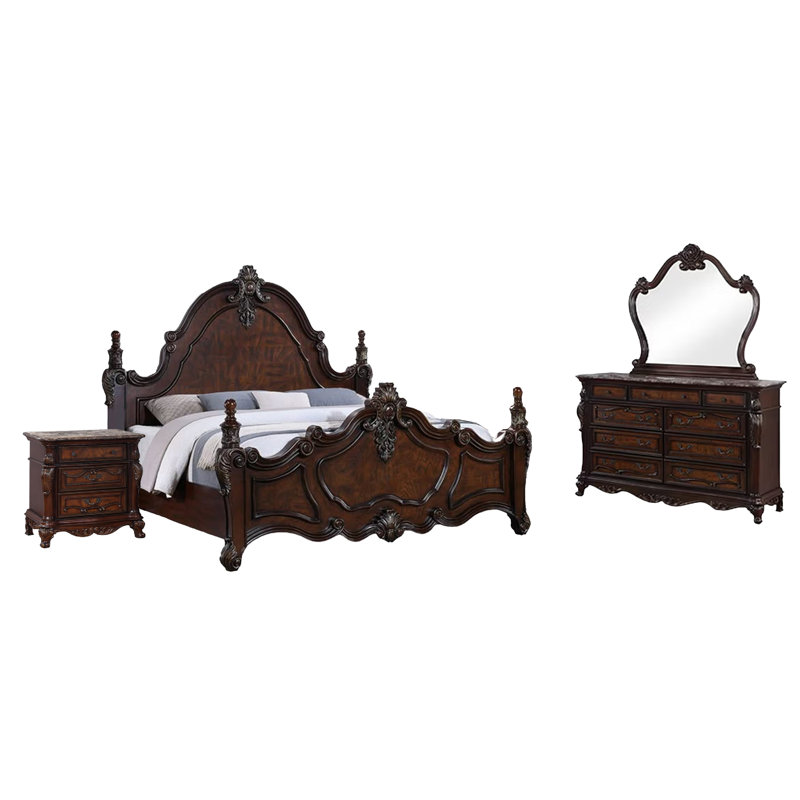 Ensemble de chambre avec grand lit 4 pièces, commode et miroir Frank, Quatre pièces : lit, commode, miroir et table de