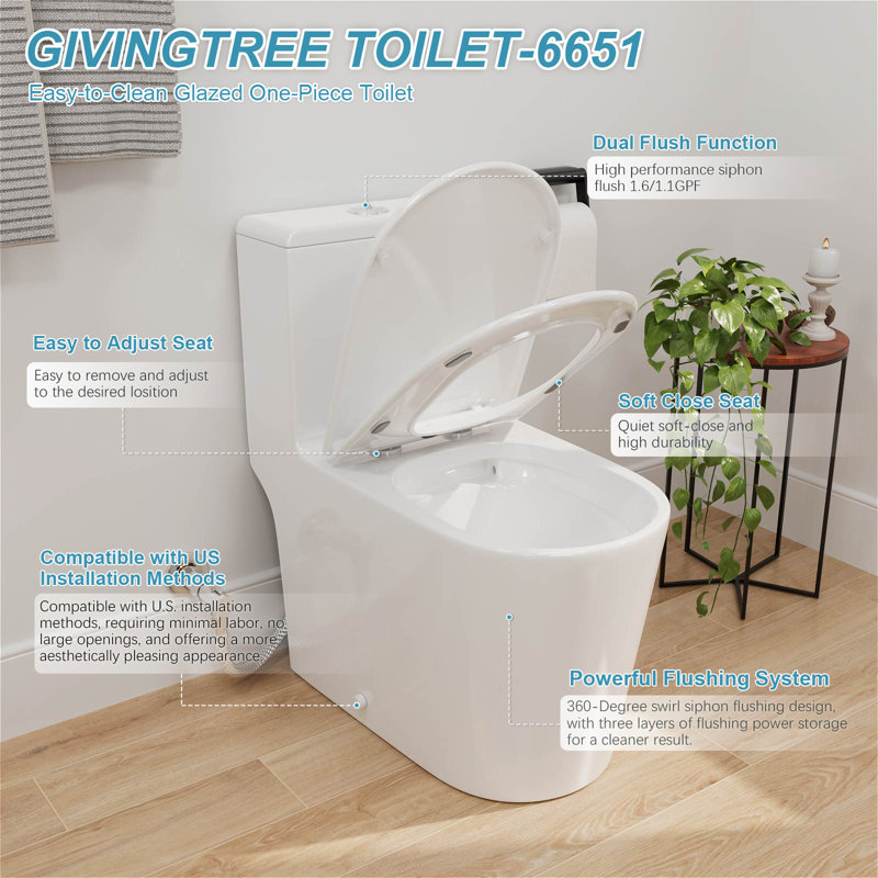 1.1/1.6 GPF Elongated One-Piece Toilet 12" Rough-in Dual Flush Toilet with 17.13" ADA Comfort Seat Height in Glossy White Ceramic, CUPC Certified, WaterSense Cetified, Soft Close Seat