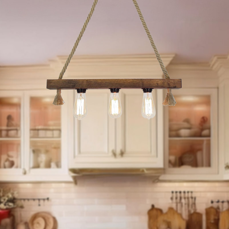 Lustre d'îlot de cuisine fait à la main en pin massif avec corde en jute
