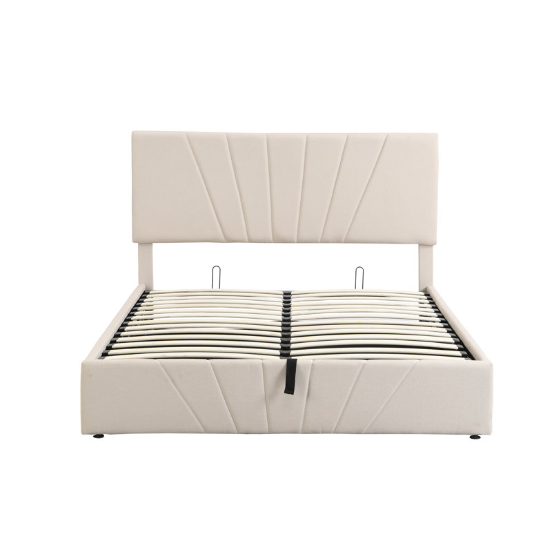 Lit plateforme tapissier avec système de rangement hydraulique - beige, Grand lit