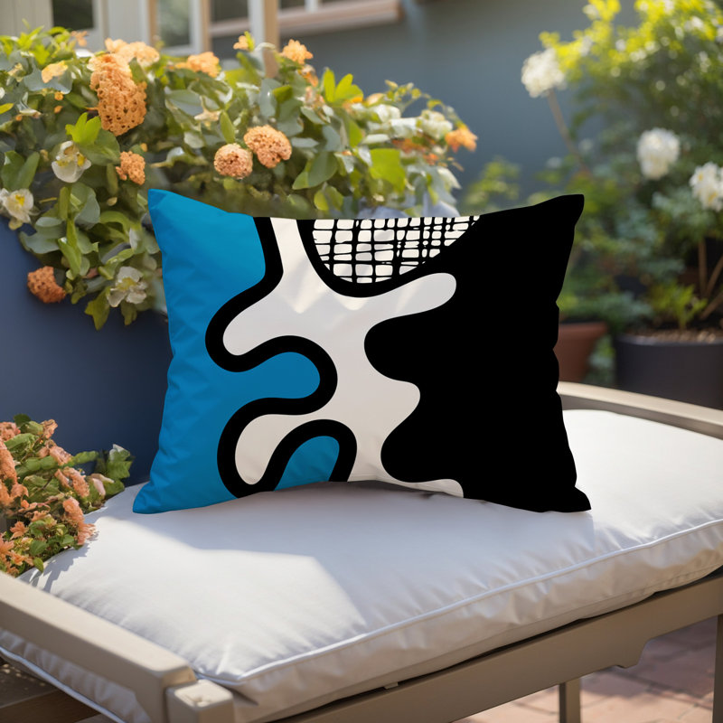 Oreiller rectangulaire réversible intérieur / extérieur Vido, H 18 po x l 25 po, Turquoise / noir / blanc cassé