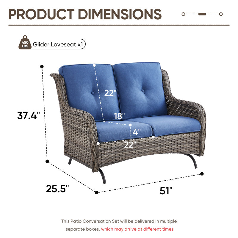 Canapé de patio, causeuse d'extérieur en osier avec coussin épais de luxe, ensemble de meubles de patio toutes saisons, Bleu