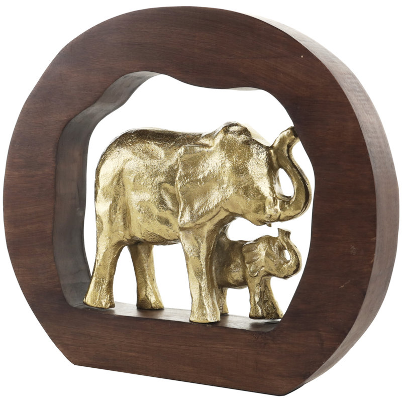 Sculpture éléphant en aluminium et métal doré avec cadre en bois brun
