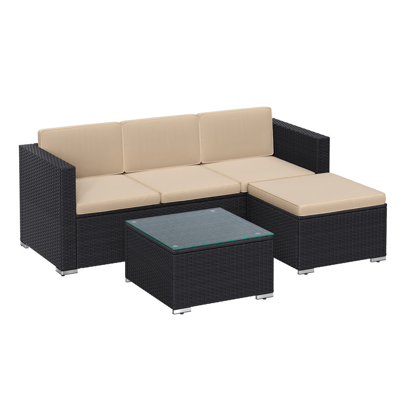 Garden Furniture Set, PE Rattan Patio Furniture Set, Outdoor Corner Sofa Couch, Handwoven Rattan Patio Conversation Set, With Cushions And Glass Table