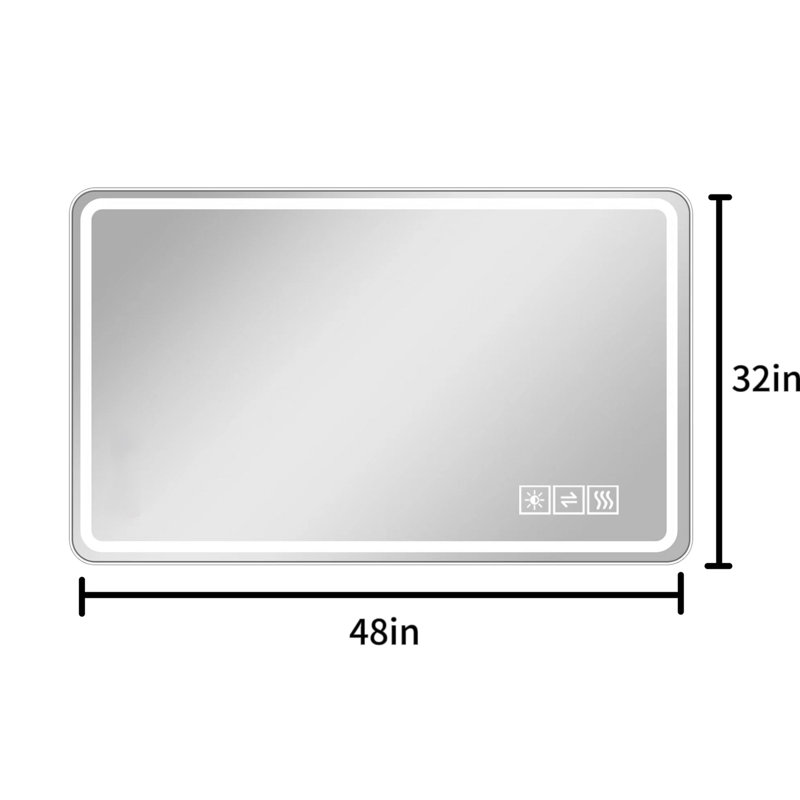 Miroir à DEL pour salle de bain 48 po x 32 po - Brouillard, 3 lumières de couleur réglables optionnelles, fixation murale, horizontale / verticale, corrosion, vue à plat