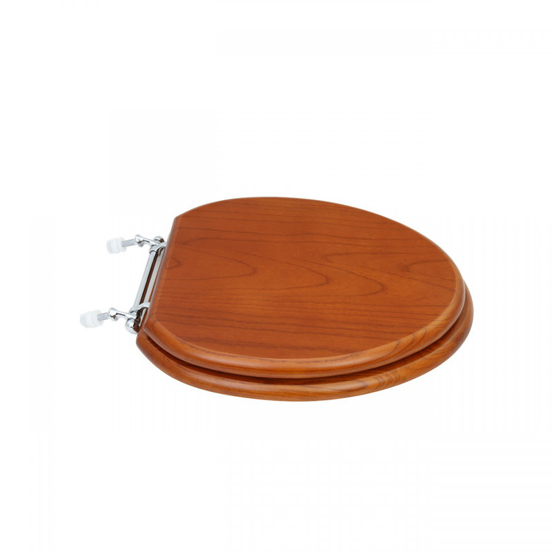 Light Mahogany Finish Wooden Elongated Toilet Seat with Chrome Hinges, Brown